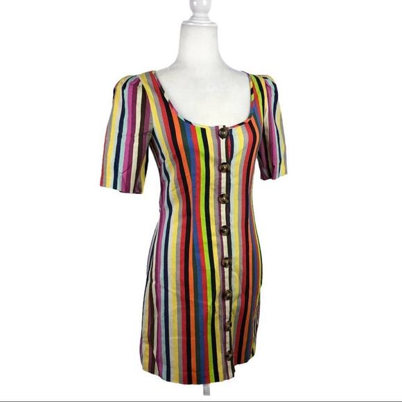 LPA Revolve Puff Sleeve Button Front Multi Striped Linen Mini Dress Size XS - Picture 6 of 16